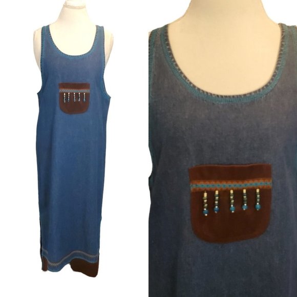 Vintage 90s Western Denim Jean Pinafore Dress Long Maxi Sleeveless Suede Sz M/L - Picture 1 of 9